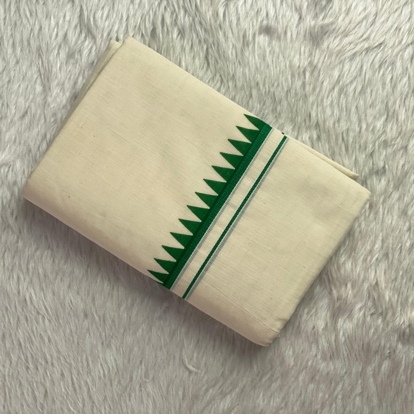 Manthra Kerala Traditional Set Mundu with Temple Triangle Design Green