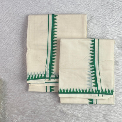 Manthra Kerala Traditional Set Mundu with Temple Triangle Design Green