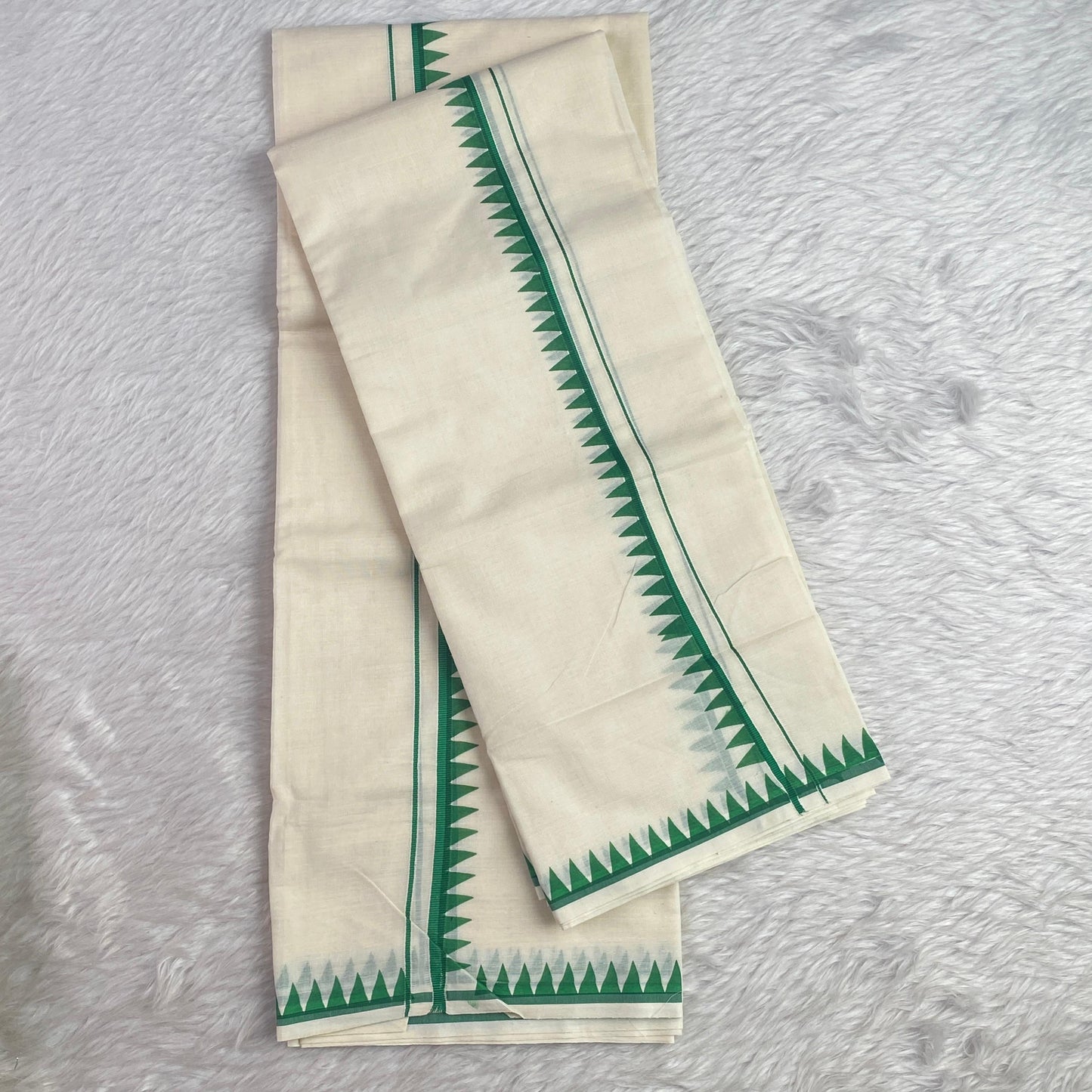 Manthra Kerala Traditional Set Mundu with Temple Triangle Design Green