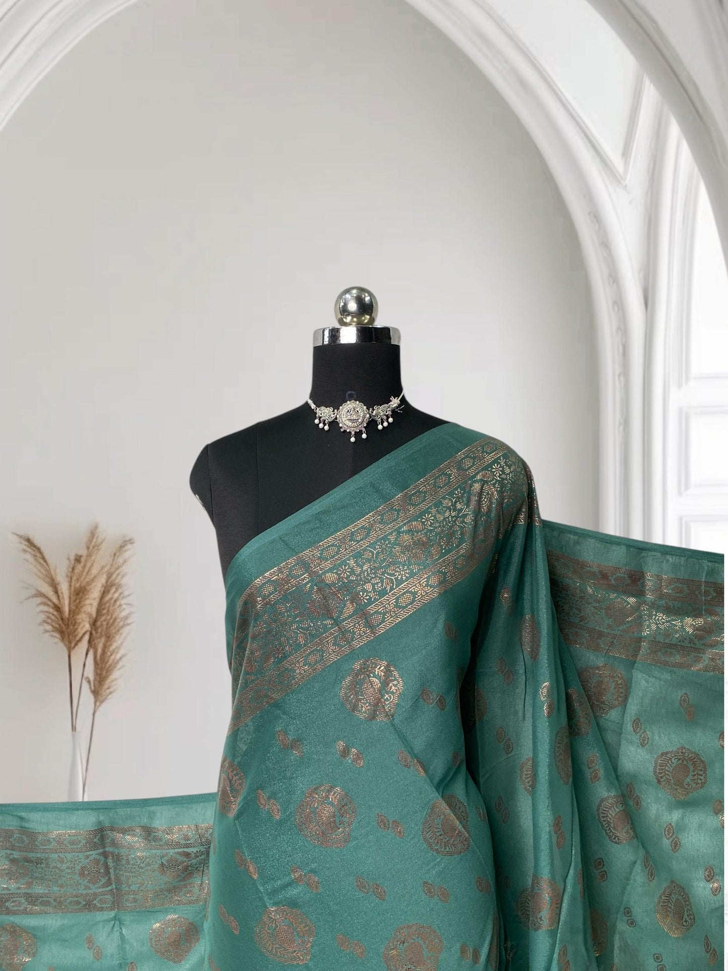 Kashmiri Silk Saree with Mango Floral Print Green