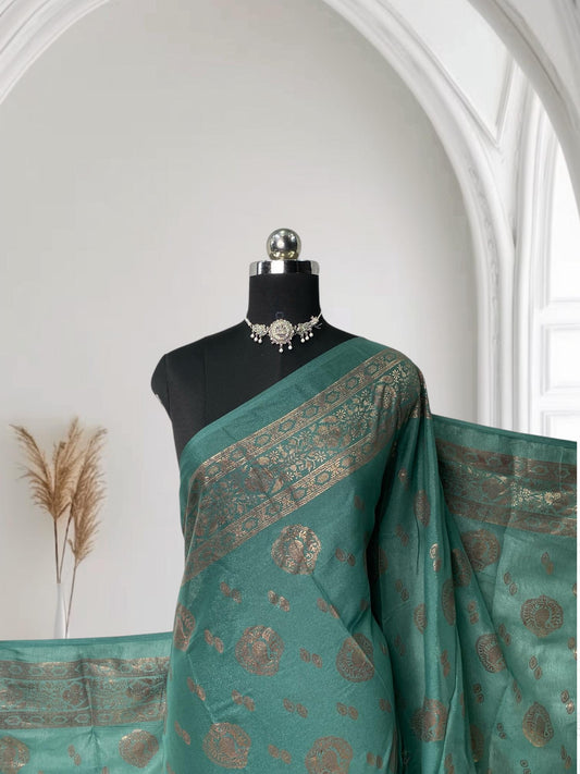 Kashmiri Silk Saree with Mango Floral Print Green