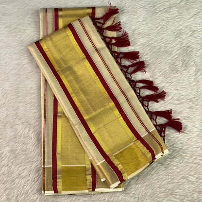 Thiruvathira Traditional Temple Set Mundu with Large Border Maroon
