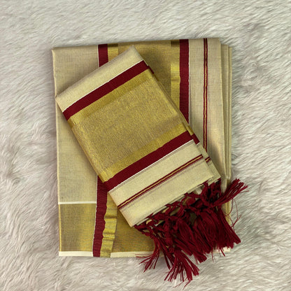 Thiruvathira Traditional Temple Set Mundu with Large Border Maroon
