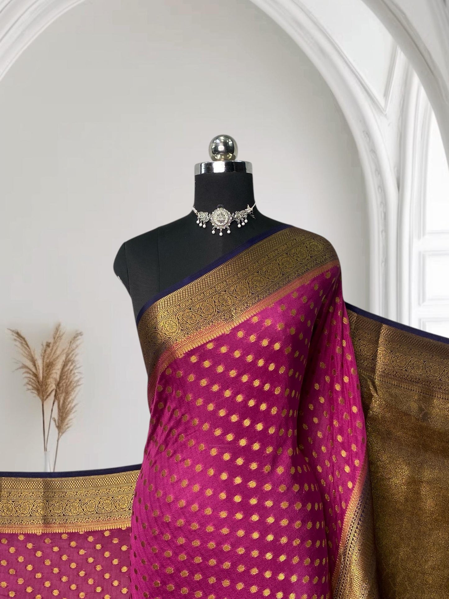 Georgette Banarasi with Butta works and Tassels Pink
