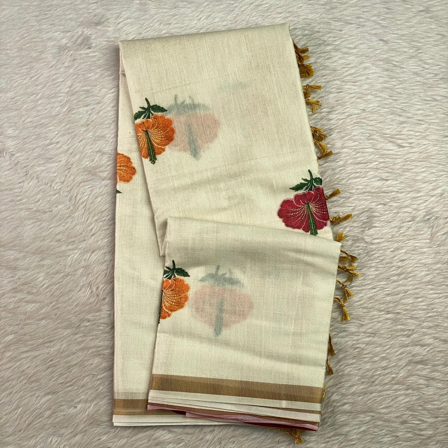 Ambujam Semi Khadi Saree with Hibiscus Design Off White