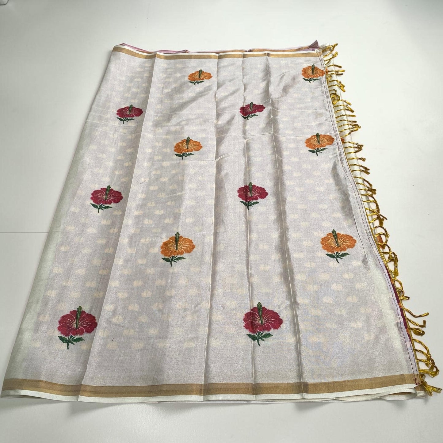 Ambujam Semi Khadi Saree with Hibiscus Design Off White