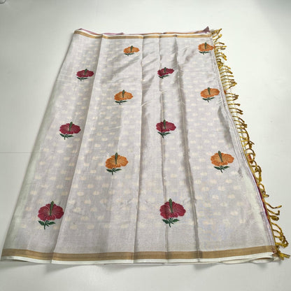 Ambujam Semi Khadi Saree with Hibiscus Design Off White