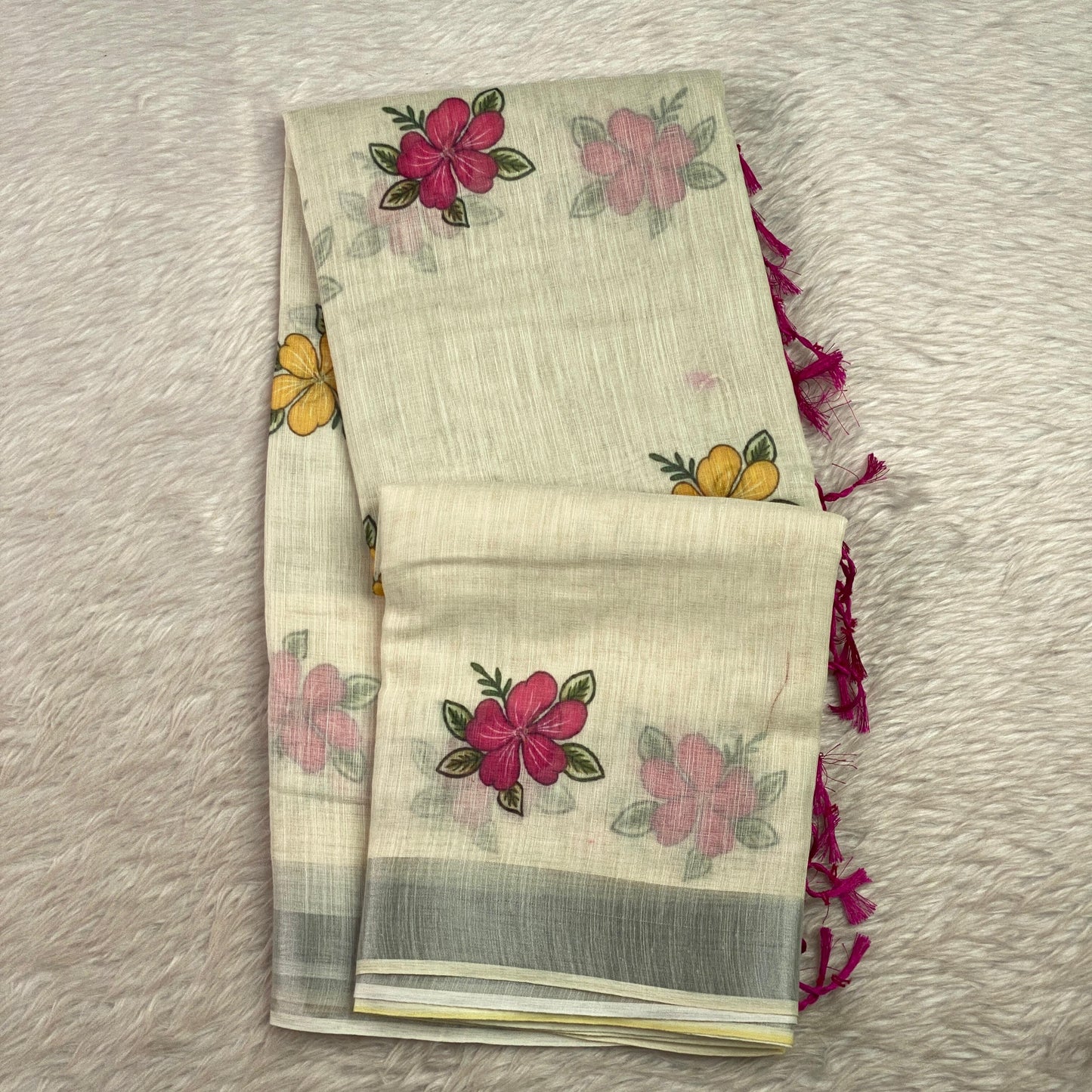 Ambujam Semi Linen Floral Design Saree with Purple Tassels