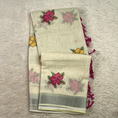 Ambujam Semi Linen Floral Design Saree with Purple Tassels