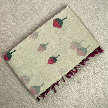 Ambujam Semi Linen Saree with Rose Flower and Wine Tassels🌹