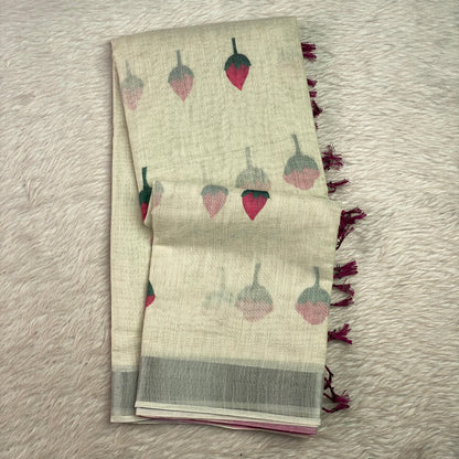 Ambujam Semi Linen Saree with Rose Flower and Wine Tassels🌹