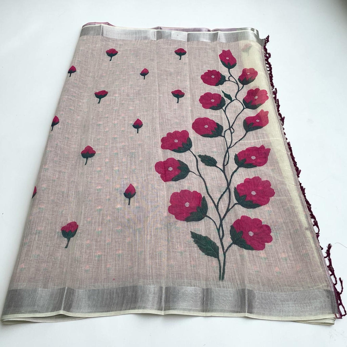 Ambujam Semi Linen Saree with Rose Flower and Wine Tassels🌹