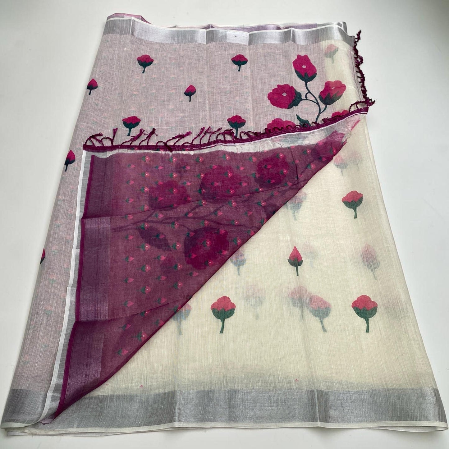 Ambujam Semi Linen Saree with Rose Flower and Wine Tassels🌹