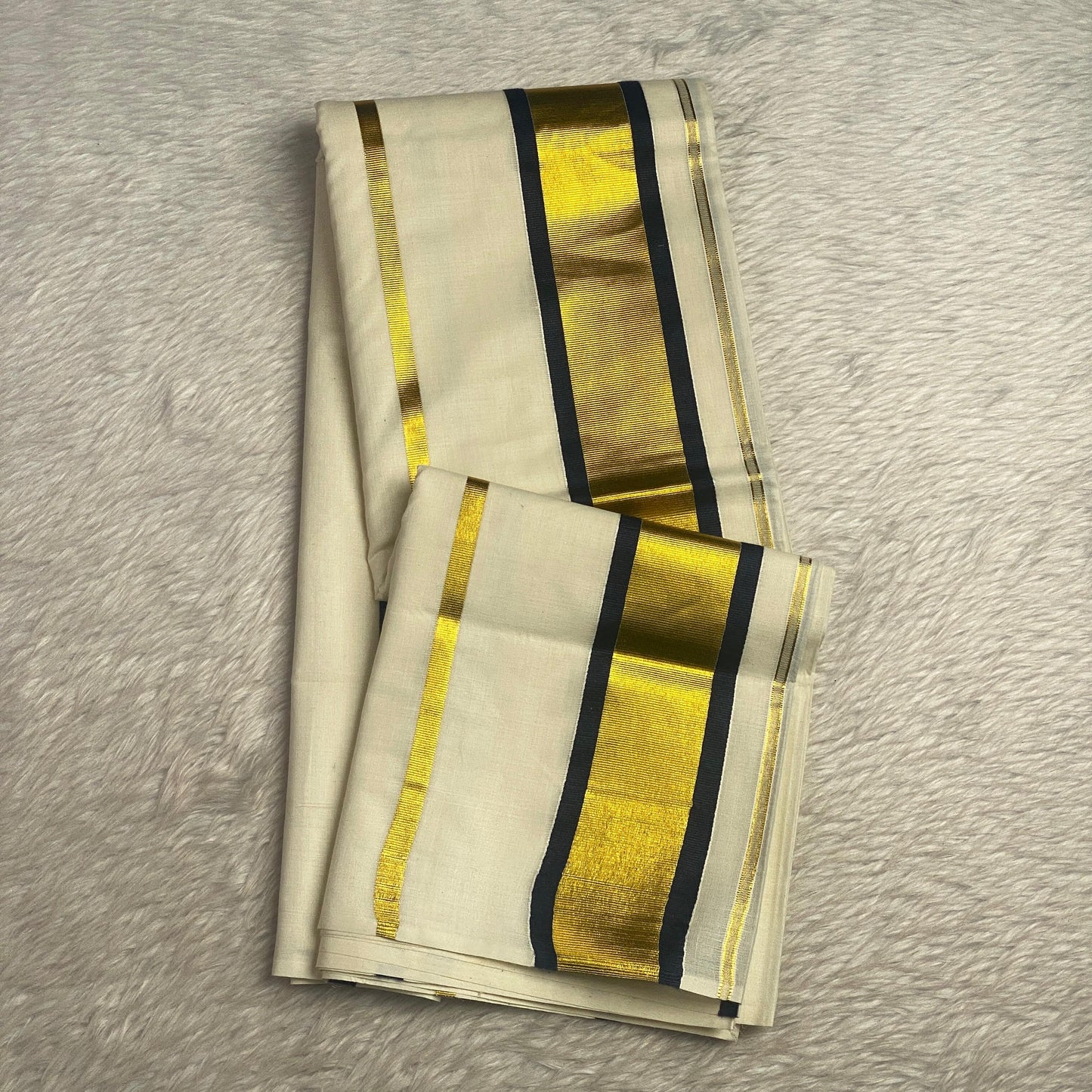 Premium Striped Cotton Set Saree with Blue & Golden Kasavu
