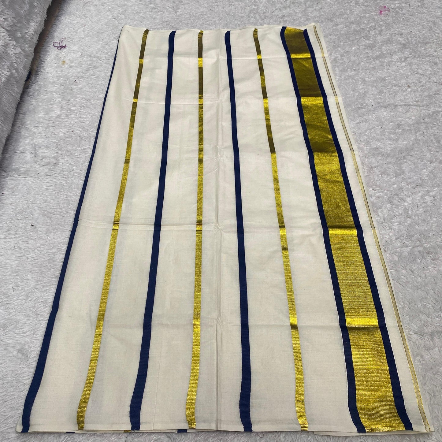 Premium Striped Cotton Set Saree with Blue & Golden Kasavu