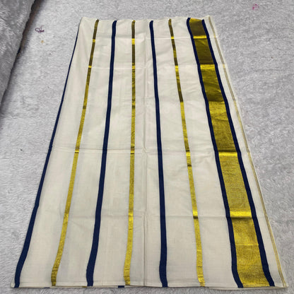Premium Striped Cotton Set Saree with Blue & Golden Kasavu