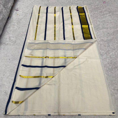 Premium Striped Cotton Set Saree with Blue & Golden Kasavu