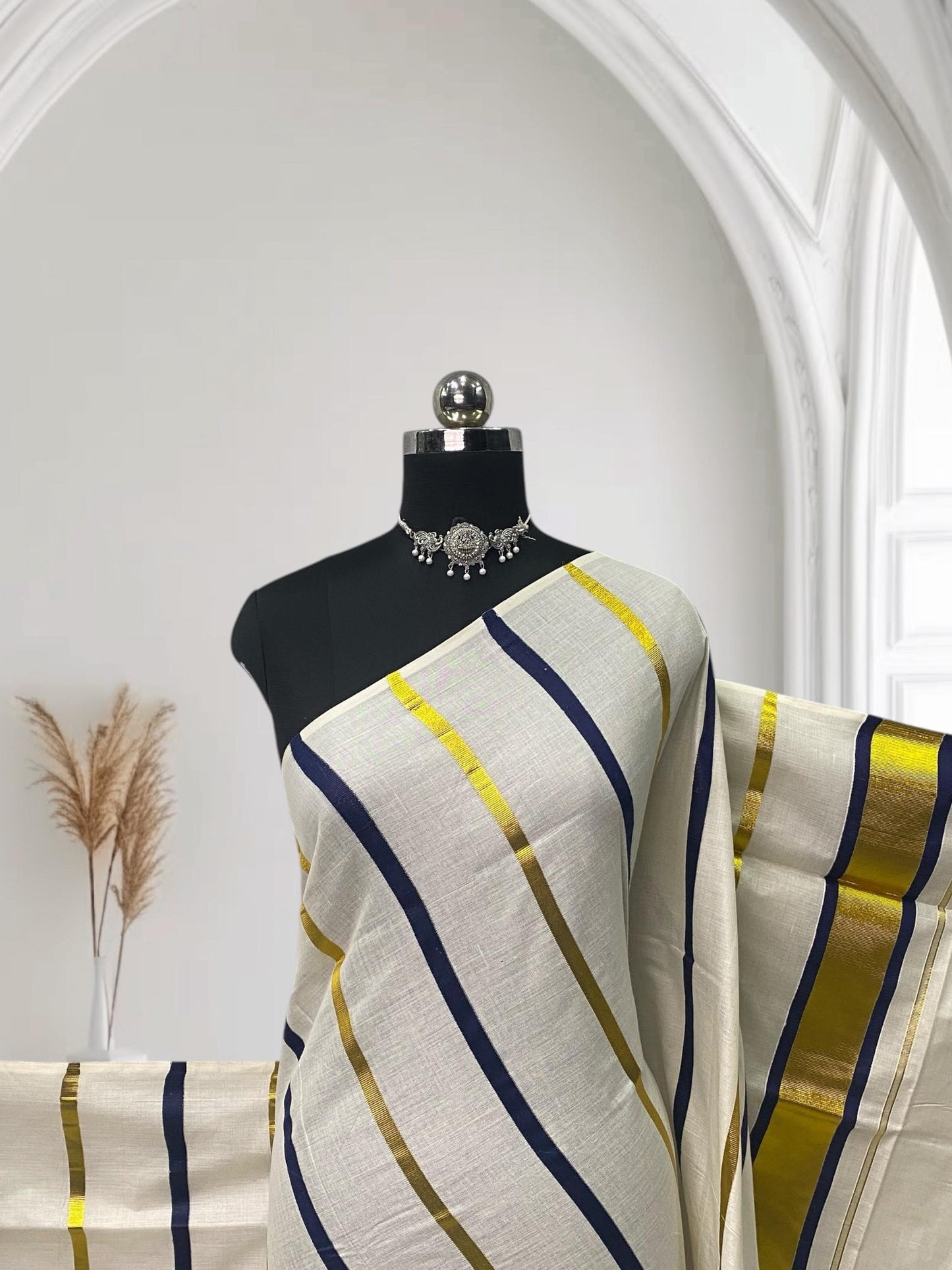 Premium Striped Cotton Set Saree with Blue & Golden Kasavu
