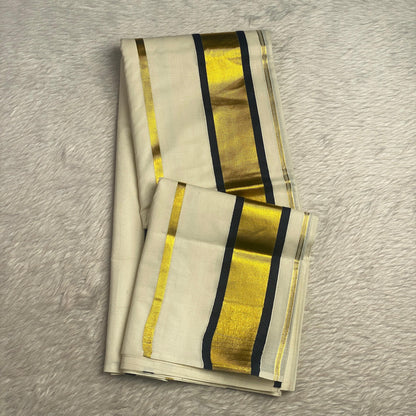 Premium Striped Cotton Set Saree with Black & Golden Kasavu