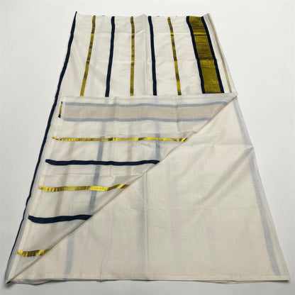 Premium Striped Cotton Set Saree with Black & Golden Kasavu