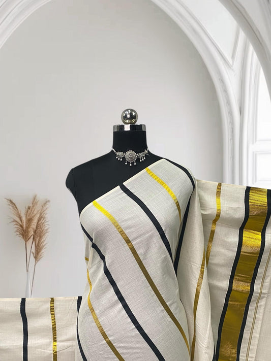 Premium Striped Cotton Set Saree with Black & Golden Kasavu