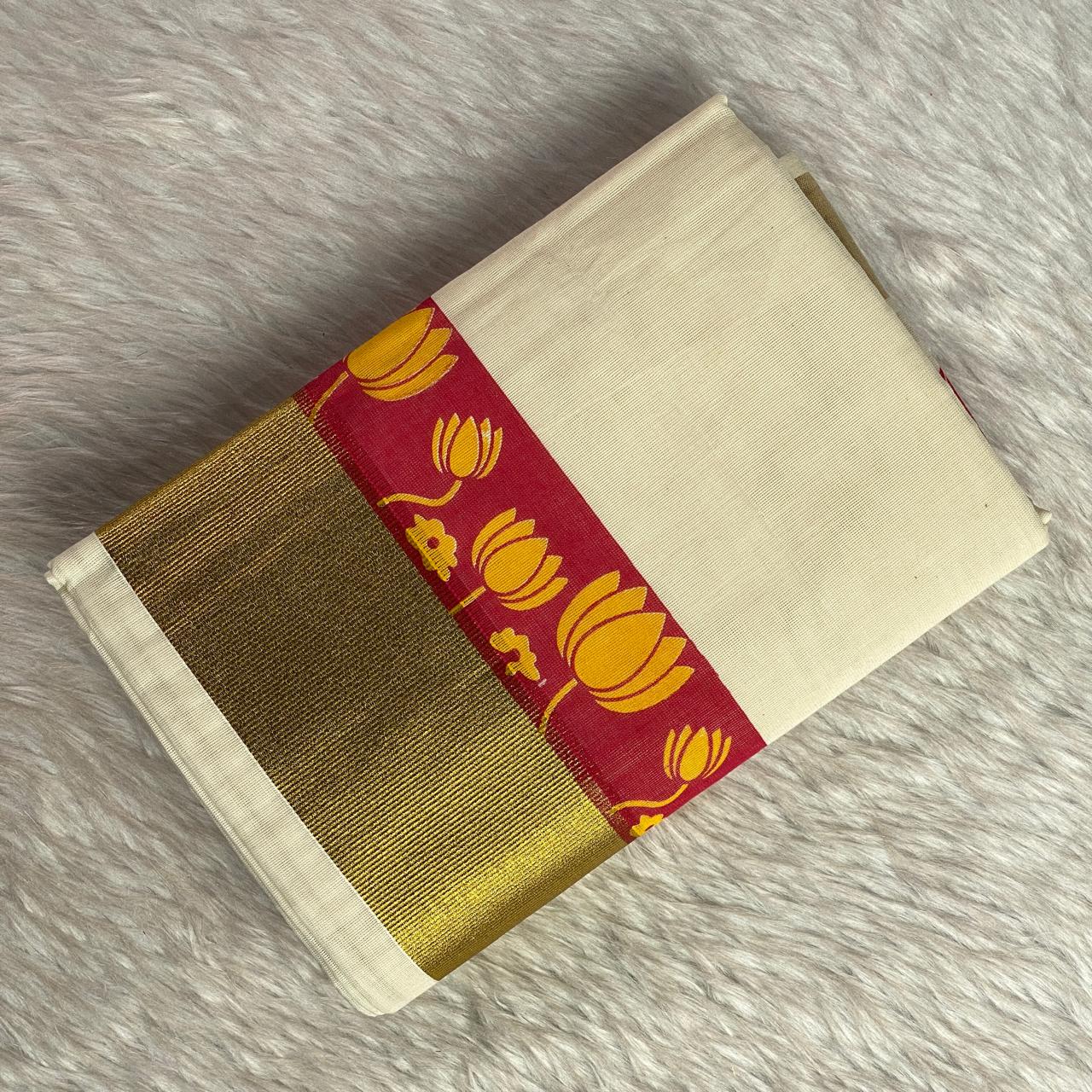 Cotton Set Mund with Red and Golden Lotus Border