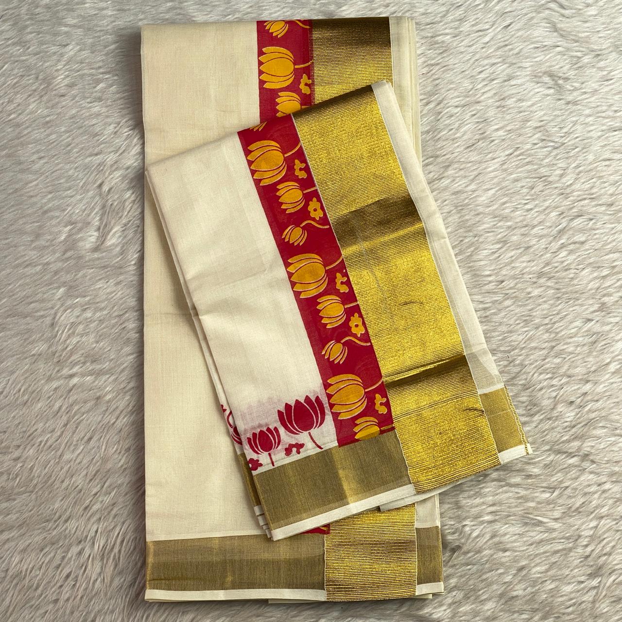 Cotton Set Mund with Red and Golden Lotus Border