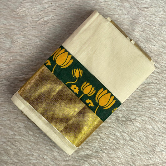 Cotton Set Mund with Green and Golden Lotus Border