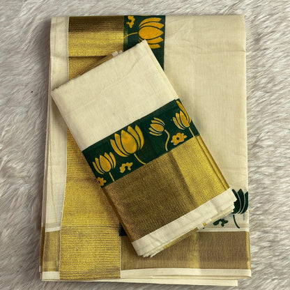 Cotton Set Mund with Green and Golden Lotus Border