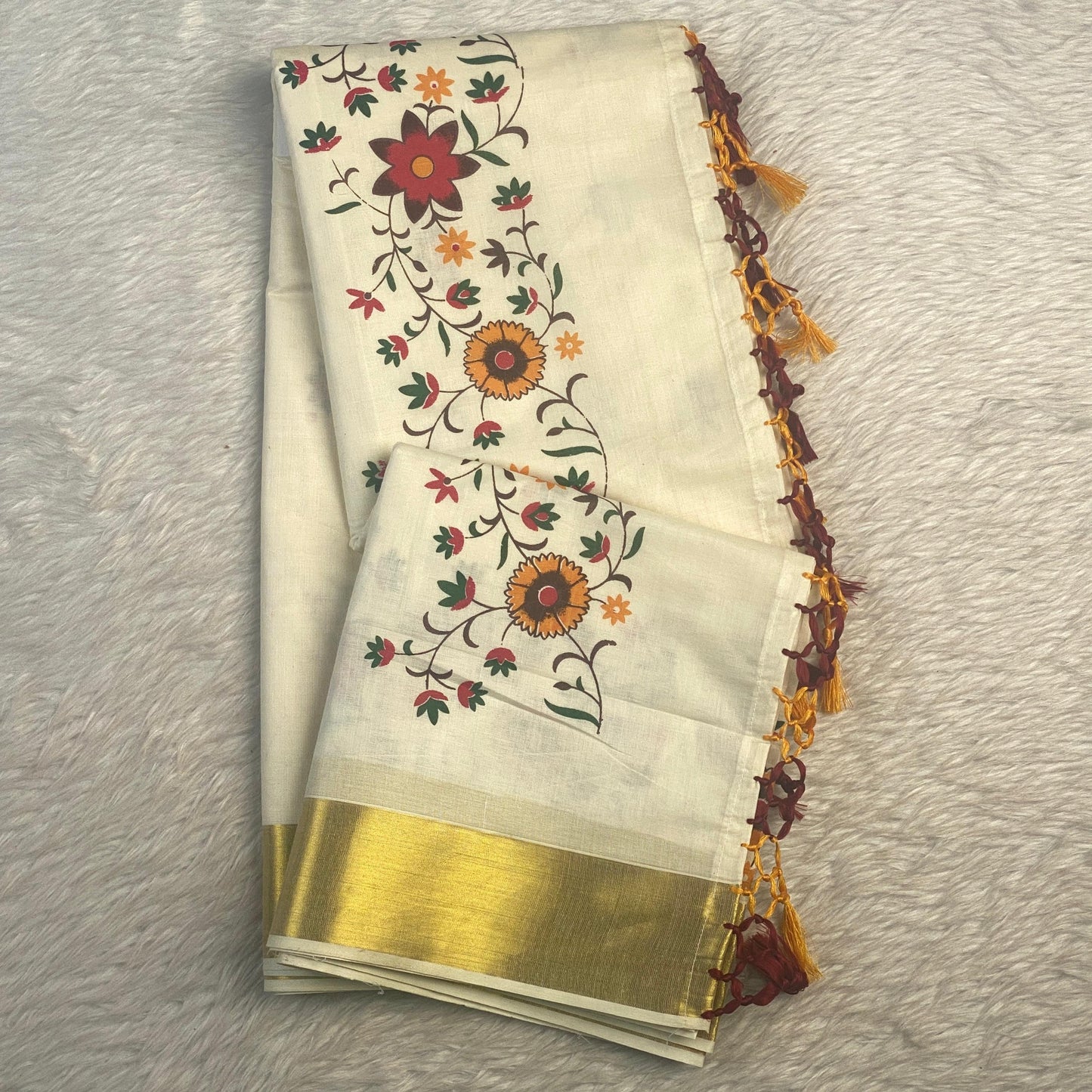 Kasavu Saree with Full floral Pattern