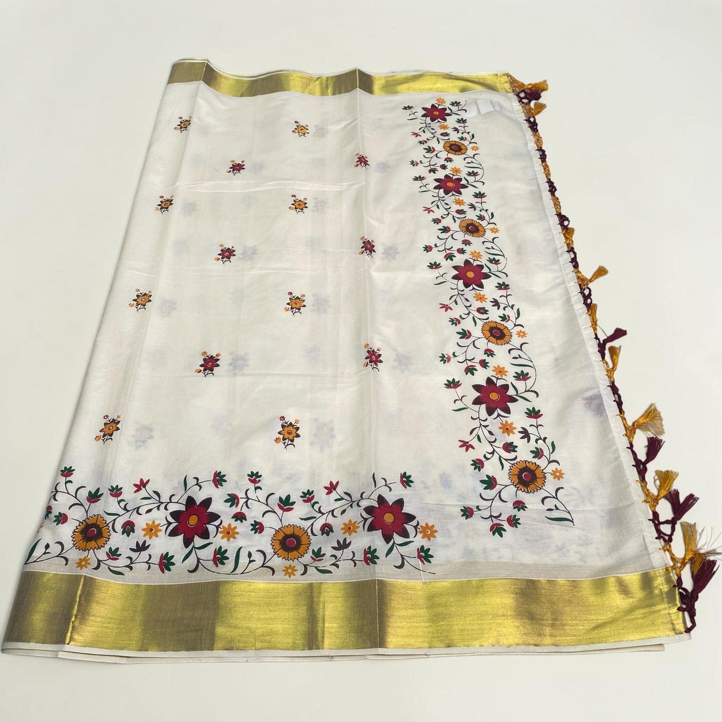 Kasavu Saree with Full floral Pattern