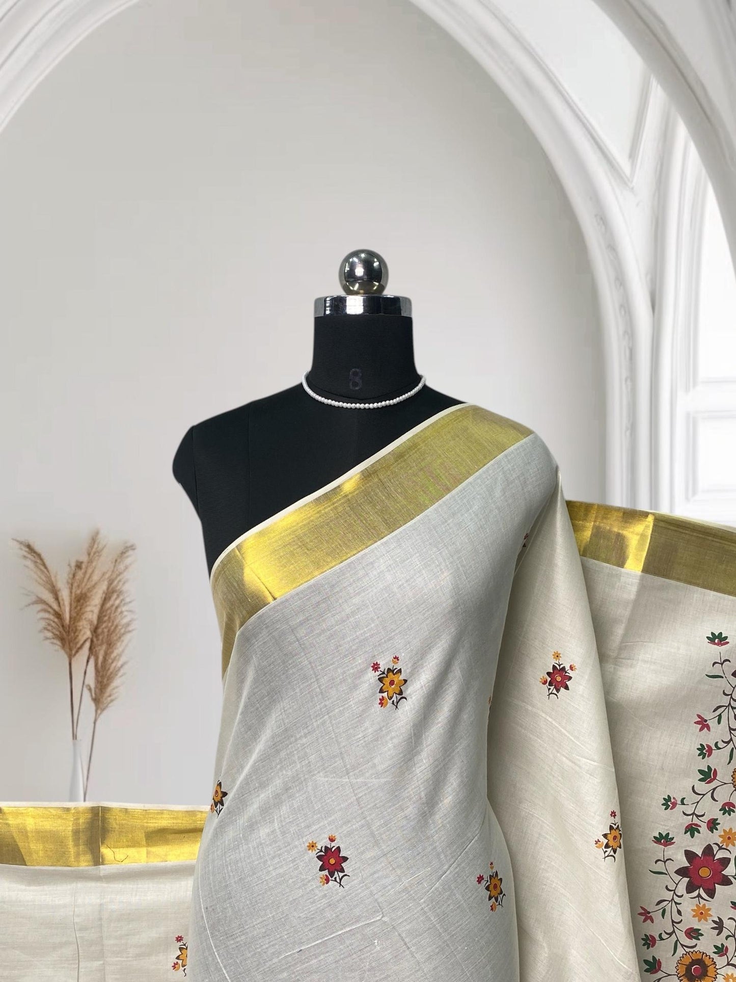 Kasavu Saree with Full floral Pattern