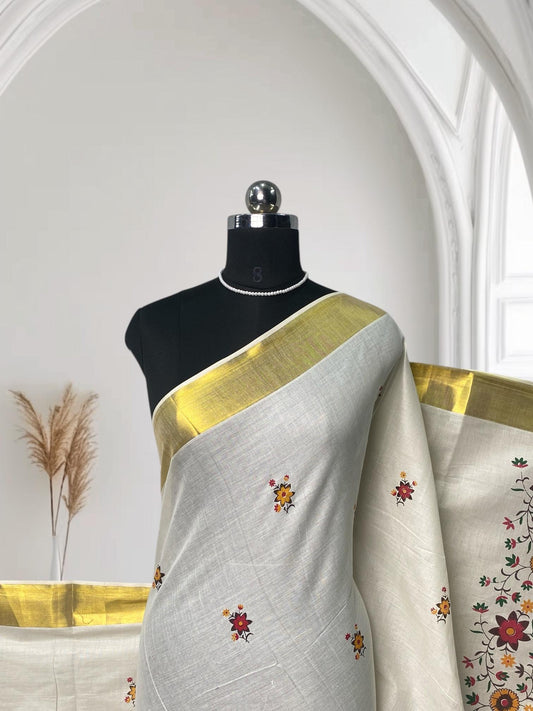 Kasavu Saree with Full floral Pattern