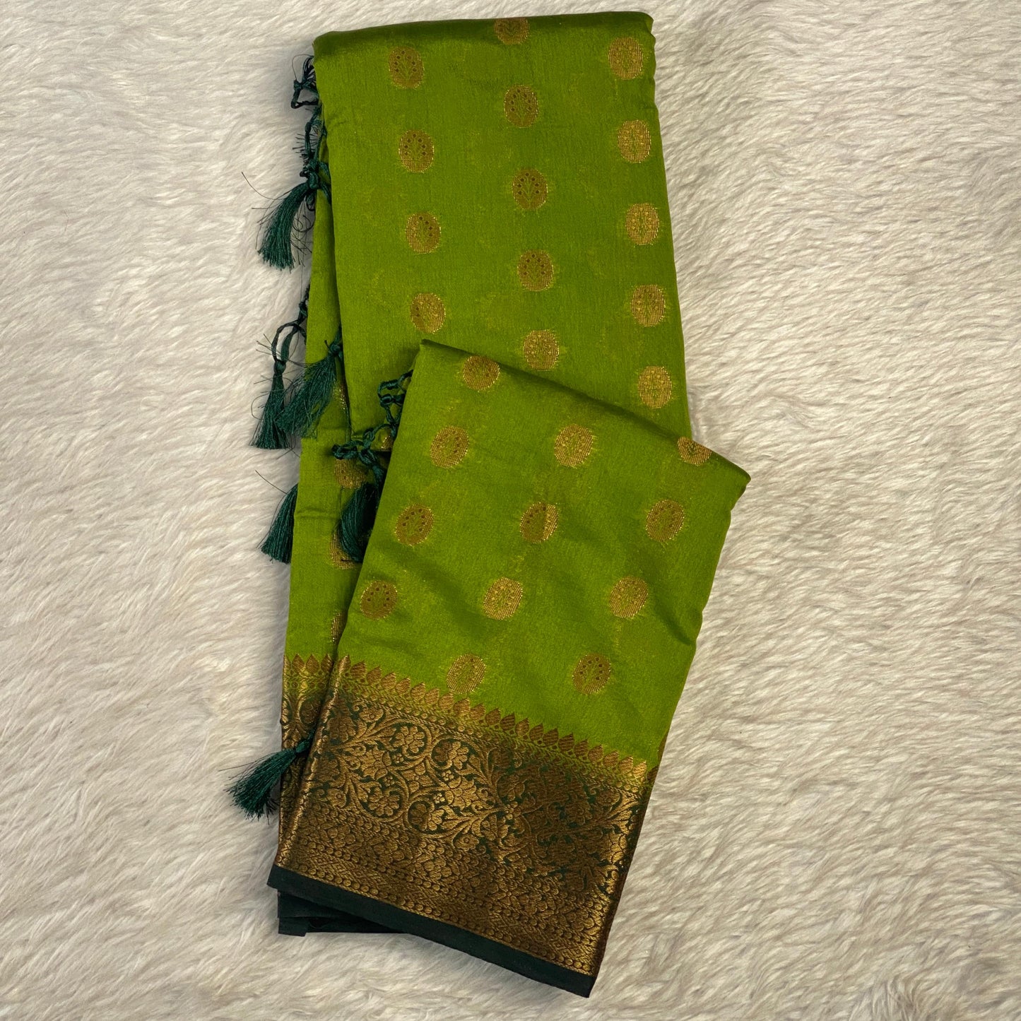 Georgette Saree with Butta Works and Tassels Green