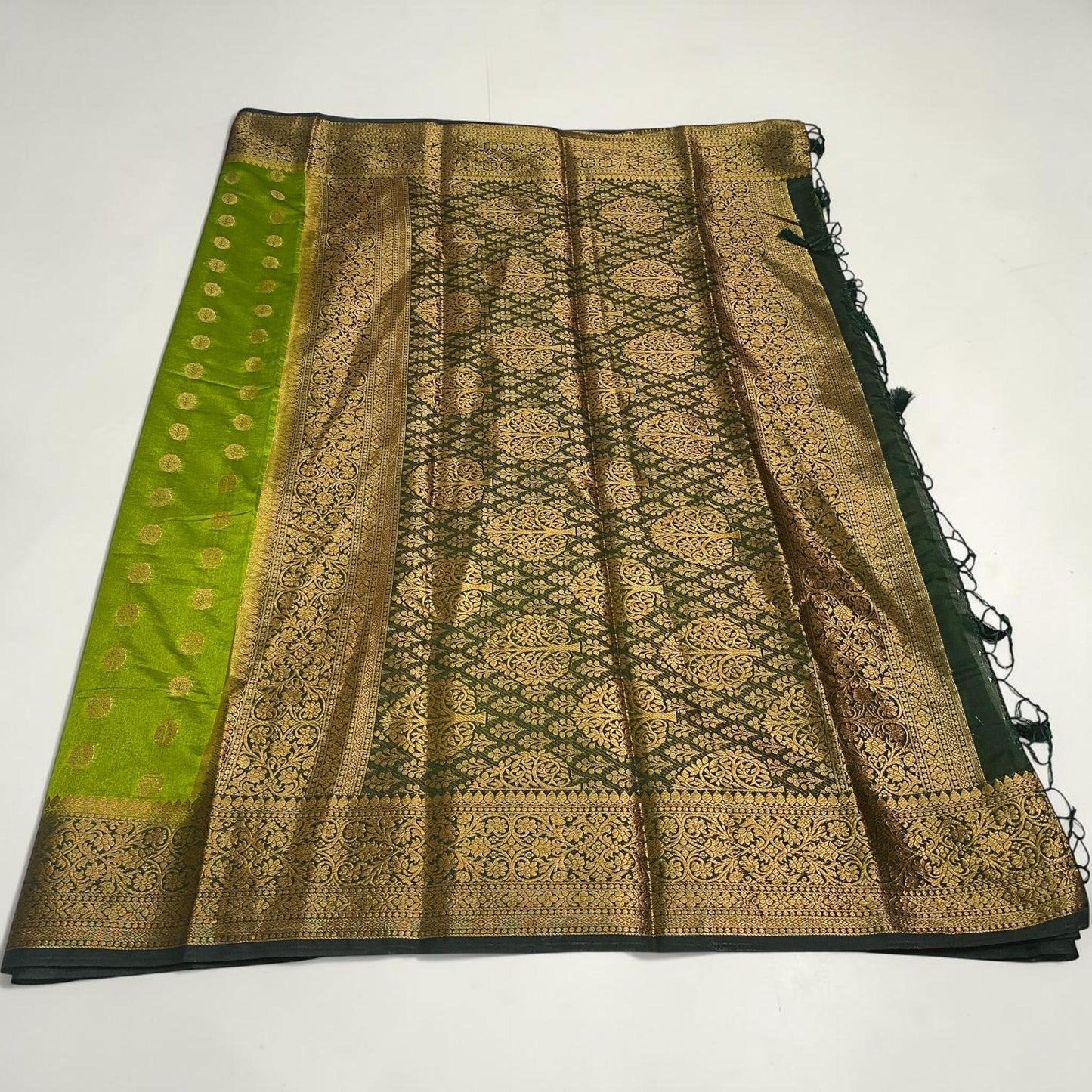 Georgette Saree with Butta Works and Tassels Green
