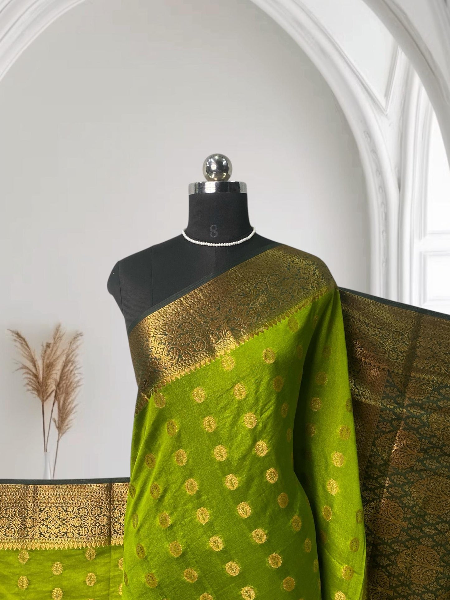 Georgette Saree with Butta Works and Tassels Green