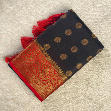 Georgette Saree with Butta Works and Tassels Black