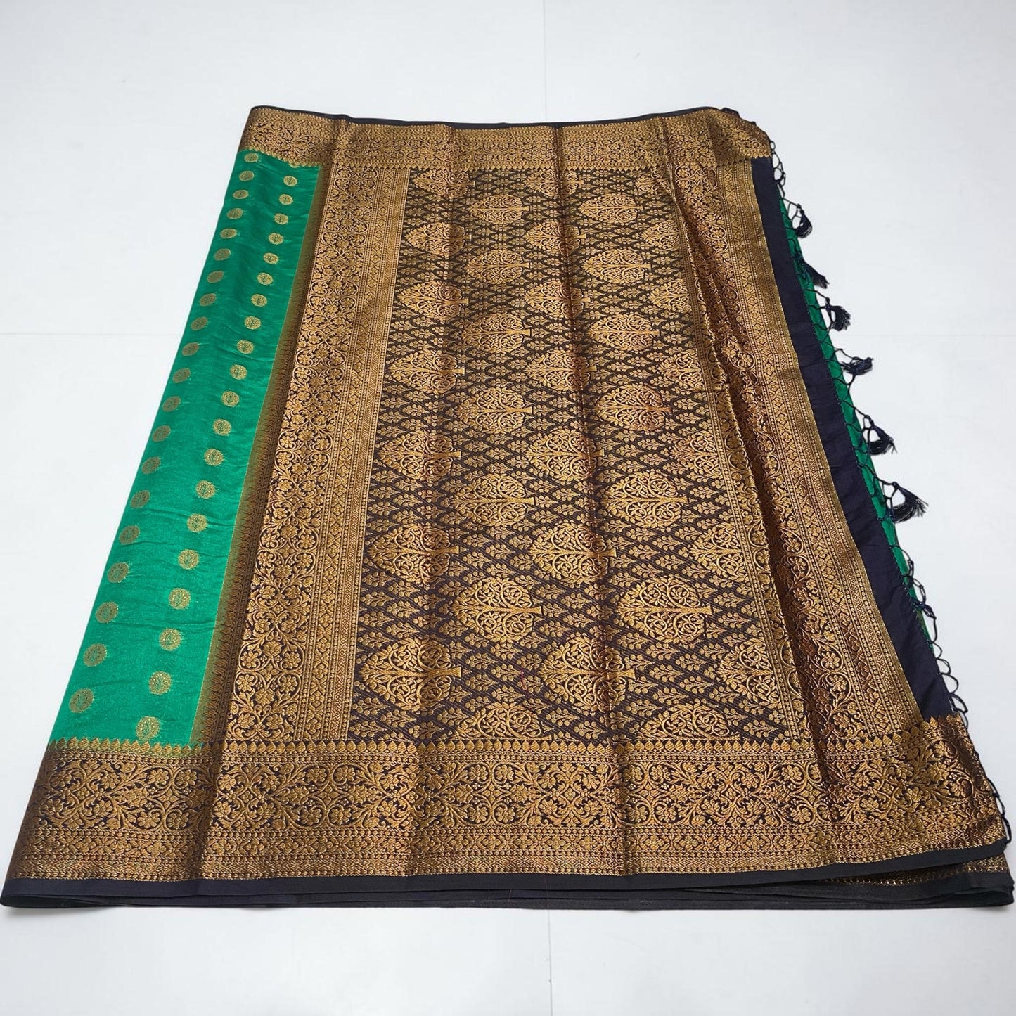 Georgette Saree with Butta Works and Tassels Green