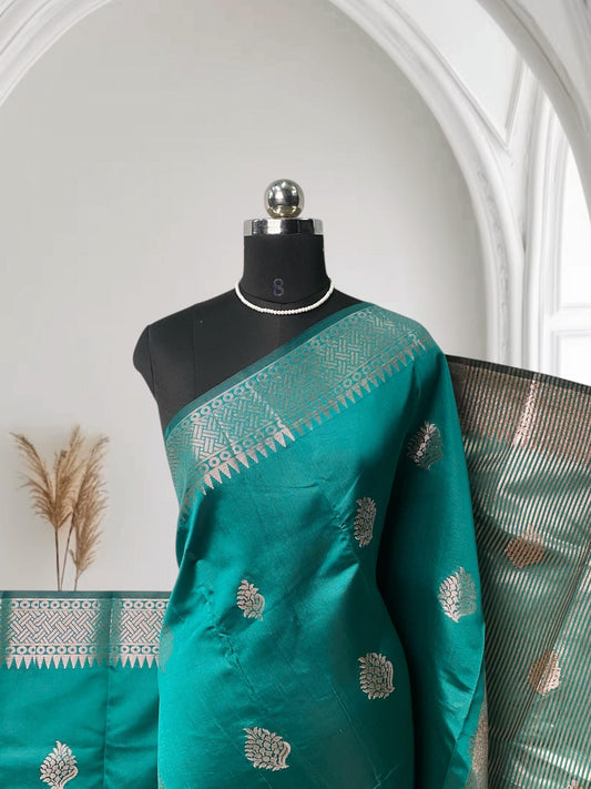 Soft Silk Saree with Floral Print  Peacock Green