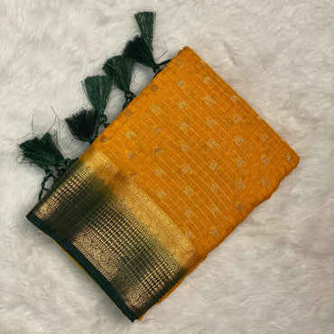 Devara Georgette Banarasi Saree with Golden Zari Square design Yellow