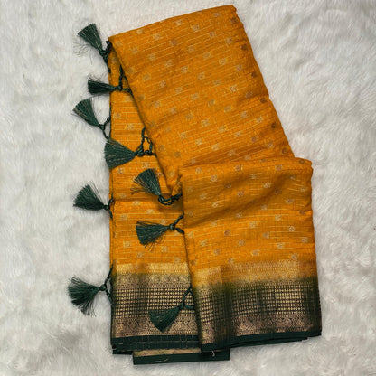 Devara Georgette Banarasi Saree with Golden Zari Square design Yellow