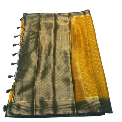 Devara Georgette Banarasi Saree with Golden Zari Square design Yellow