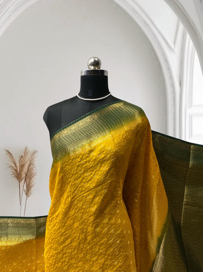 Devara Georgette Banarasi Saree with Golden Zari Square design Yellow