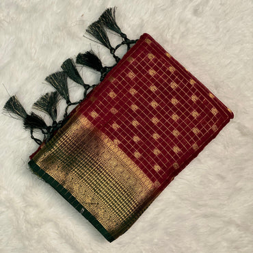 Devara Georgette Banarasi Saree with Golden Zari Square design Maroon