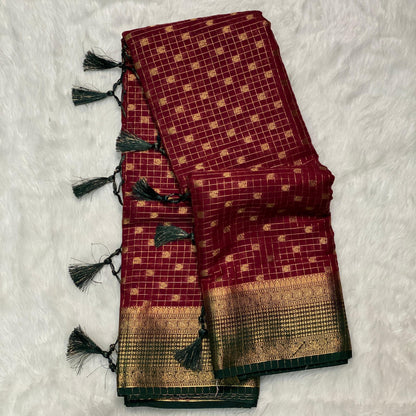 Devara Georgette Banarasi Saree with Golden Zari Square design Maroon
