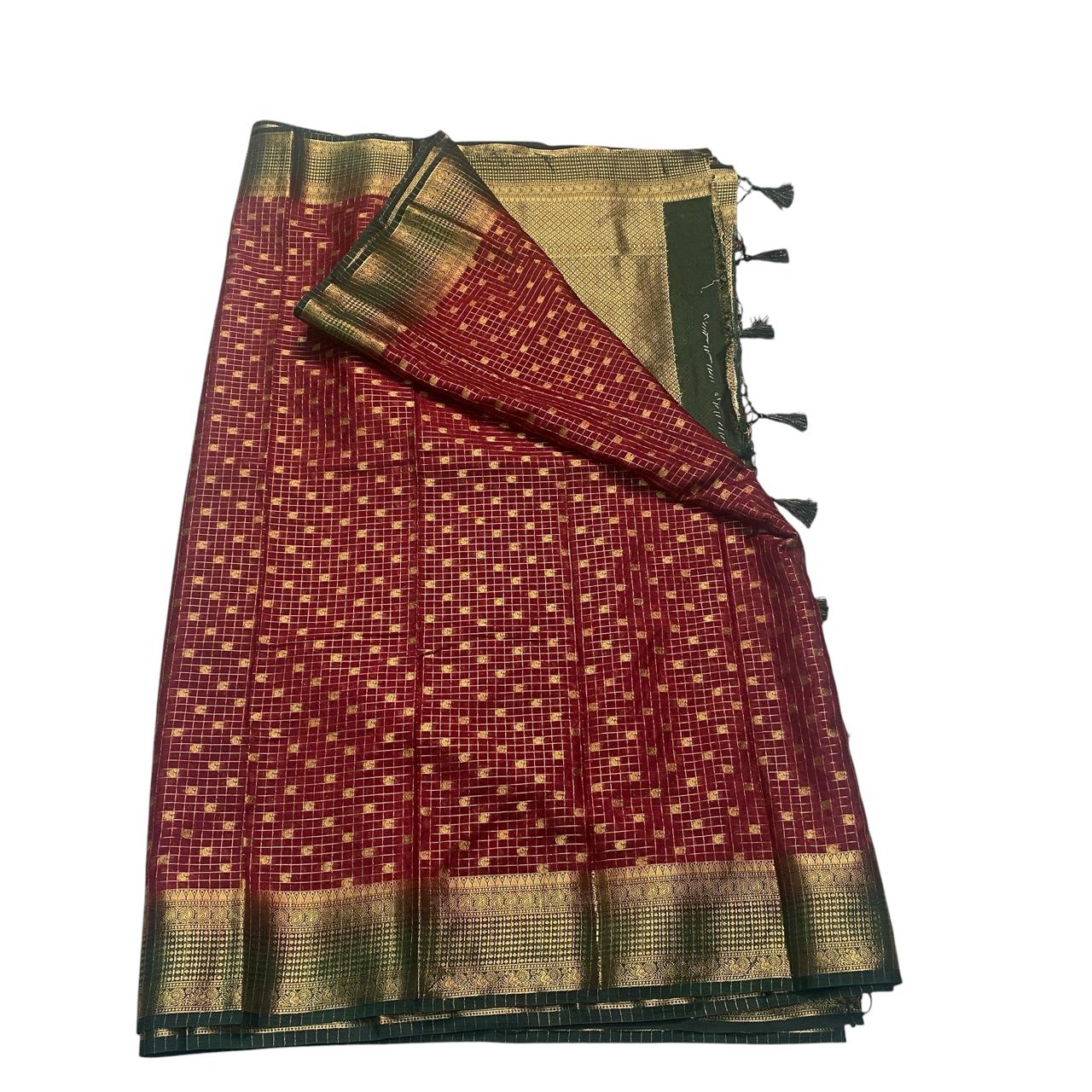 Devara Georgette Banarasi Saree with Golden Zari Square design Maroon