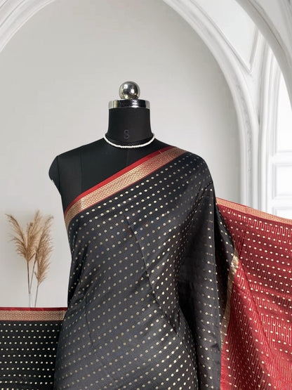 Priya Banarasi Butti Soft Silk With Triangle Design Border Black