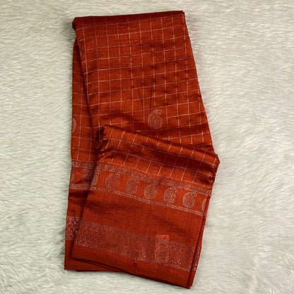 Veda Kashmiri Silk Big Checks Saree with Double Line Border Brown