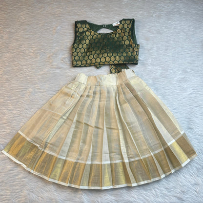 Premium Kids' Kerala Pattu Pavada – Traditional Kasavu Skirt with Brocade Designer Blouse