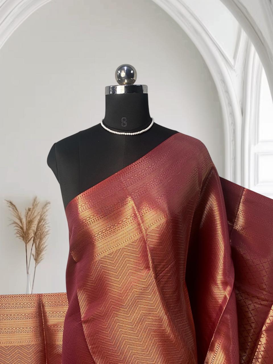 Anjali Wedding Special: Deep Maroon Silk Saree with Full Copper Zari Work Peach